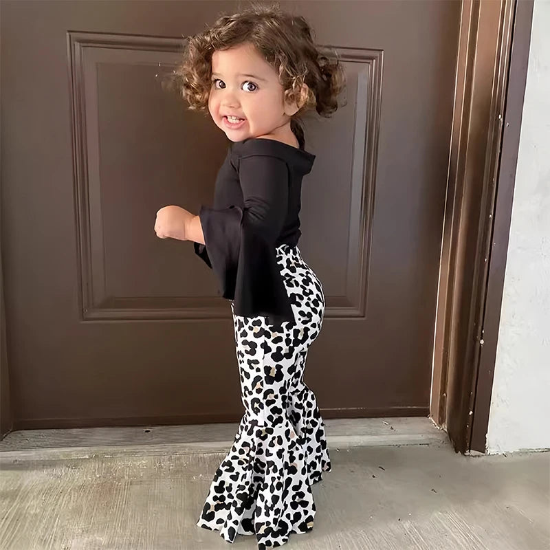 2pcs Baby Girl Clothes Sets Black Pullover Top + Leopard Print Bell-Bottoms Autumn Children's Clothing For 2 3 4 5 7 8 Years Old