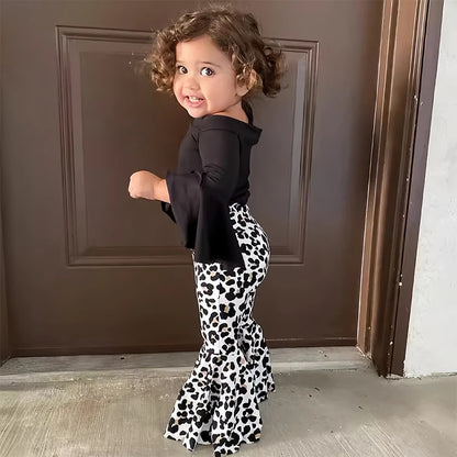 2pcs Baby Girl Clothes Sets Black Pullover Top + Leopard Print Bell-Bottoms Autumn Children's Clothing For 2 3 4 5 7 8 Years Old