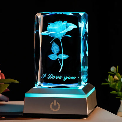 3D Rose Crystal LED Colorful Night Light, Birthday, Christmas, Valentine's Day Anniversary Gift for Girlfriend.