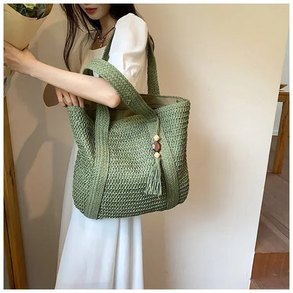 Fashion Large Capacity Fringe Pendant Handmade Straw Handbag Women Holiday Beach Casual Tote Top-Handle Bags Retro Shoulder Bags