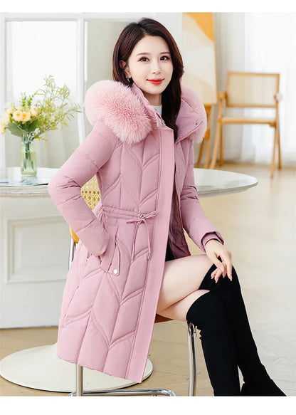 Women Down Cotton Jacket 2025 Mid Long Warm Ladies Outerwear Slim High-End Loose Women.