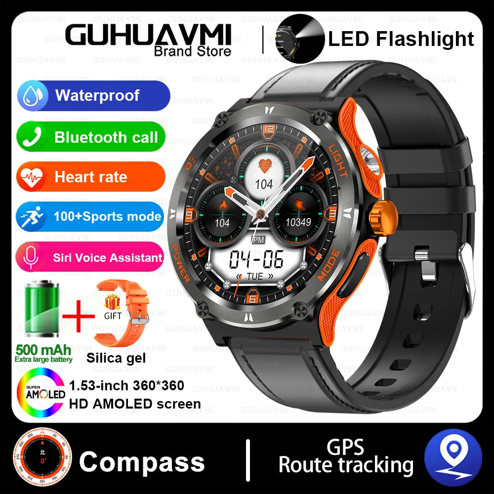 Smart Watch 3ATM Waterproof 1.53" KT76 Men Sport Compass LED Flashlight Heart Rate Health Sleep Analysis Bluetooth Call Watch