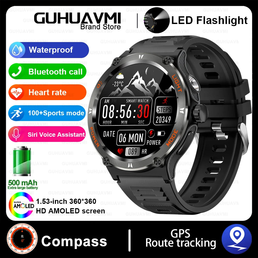 Smart Watch 3ATM Waterproof 1.53" KT76 Men Sport Compass LED Flashlight Heart Rate Health Sleep Analysis Bluetooth Call Watch