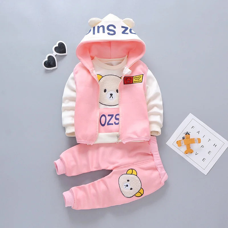 New Autumn Winter  Baby Girl Clothes Children Boys Thickened Hooded Vest T-Shirt Pants 3Pcs/Sets Toddler Costume Kids Tracksuits