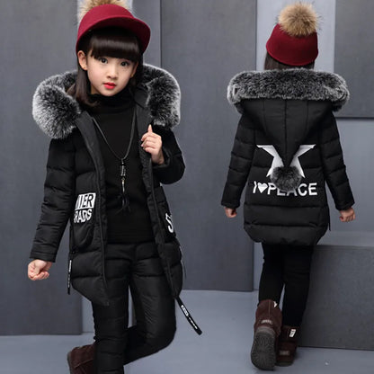 Girl Clothing Sets For Russia Winter Hooded Vest Jacket + Warm Top Cotton Pants 3 Pieces Clothes Coat With Fur Hood