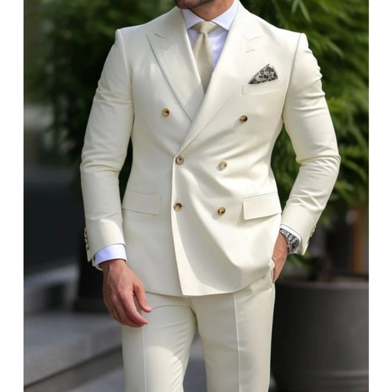 Sage Green Men's Wedding Suits Solid Color 2 Piece Daily Plus Size Double Breasted Six-buttons Formal Business Suits