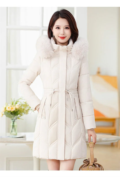 Women Down Cotton Jacket 2025 Mid Long Warm Ladies Outerwear Slim High-End Loose Women.