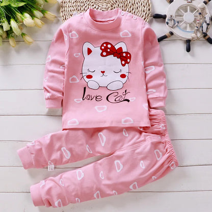 Baby girl Home Clothes Pajamas Long Pants T-shirt Cartoon Underwear 2-Piece Cartoon cat pattern girls clothes suit 0 to 6 years