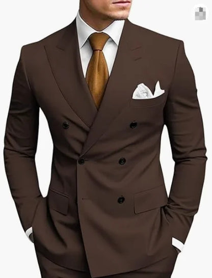 High Quality Brown Men's Suits Double Breasted Bespoke Double Breasted Peaked Lapel Formal Blazer Slim Fit 2 Piece Jacket Pants