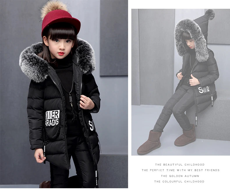 Girl Clothing Sets For Russia Winter Hooded Vest Jacket + Warm Top Cotton Pants 3 Pieces Clothes Coat With Fur Hood