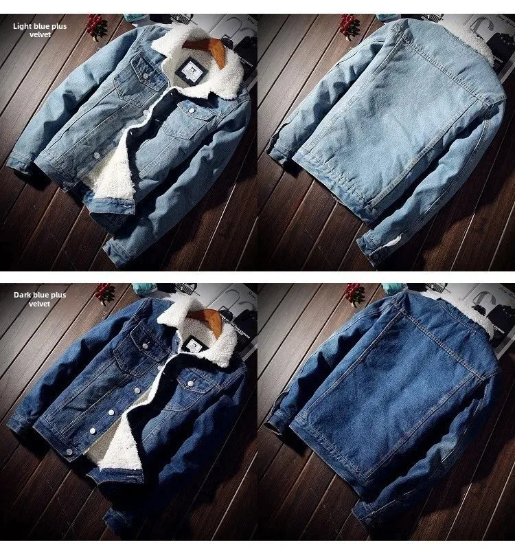 Plus Size Winter Fleece-Lined Denim Jacket Men's Slimming Cotton Coat Top Thickened Sheep Fleece Lining Casual Scene Youth Outwe