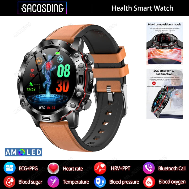 2024 New Smart Watch Men Blood Lipids Uric Acid Health ECG+PPG Fitness Tracker Clock HD Bluetooth Call Sport Altitude Smartwatch