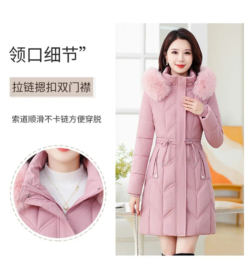 Women Down Cotton Jacket 2025 Mid Long Warm Ladies Outerwear Slim High-End Loose Women.