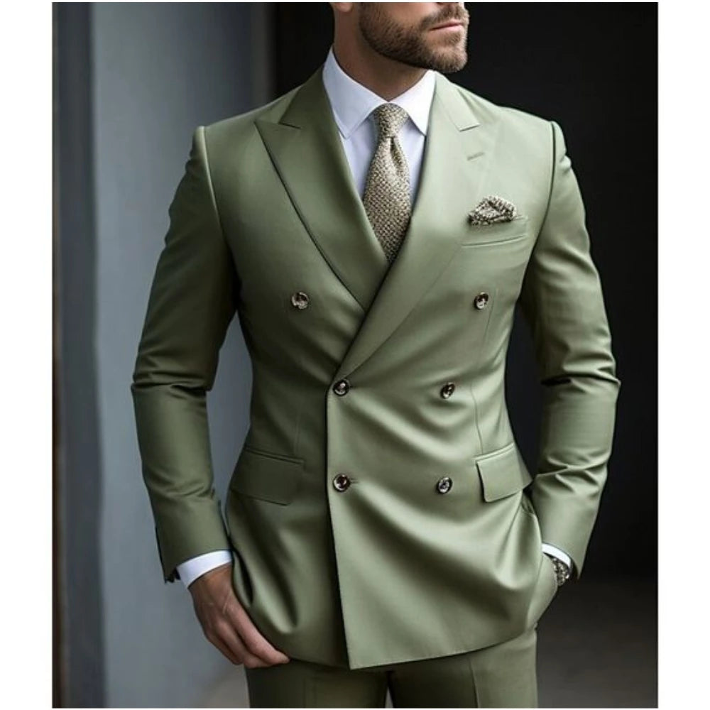 Sage Green Men's Wedding Suits Solid Color 2 Piece Daily Plus Size Double Breasted Six-buttons Formal Business Suits