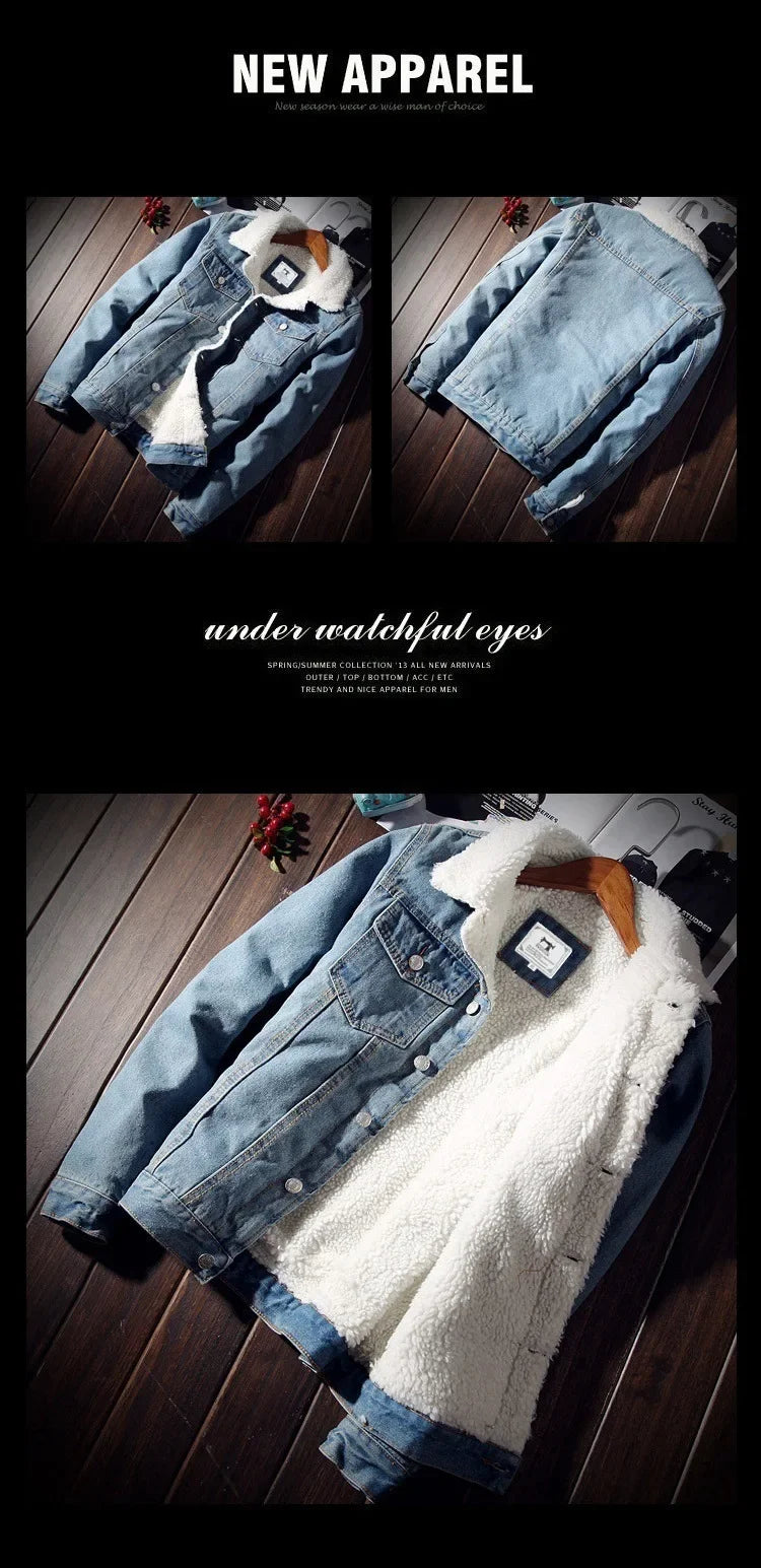 Plus Size Winter Fleece-Lined Denim Jacket Men's Slimming Cotton Coat Top Thickened Sheep Fleece Lining Casual Scene Youth Outwe