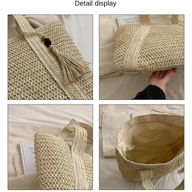 Fashion Large Capacity Fringe Pendant Handmade Straw Handbag Women Holiday Beach Casual Tote Top-Handle Bags Retro Shoulder Bags