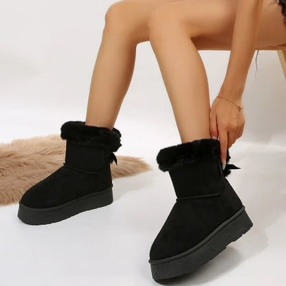 2024 Autumn/Winter New Foreign Trade Hairy Bow Decoration Simple Snow Boots Round Head Suede Thick Bottom Cotton Shoes