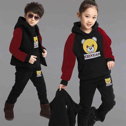 2025 Boys Padded Warm Set Children's Hooded Cartoon Solid Colour 3 Pcs Autumn Winter New Girls Sweatshirt Cute Casual Suit 4-12Y