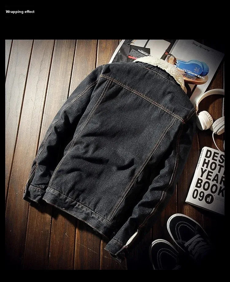 Plus Size Winter Fleece-Lined Denim Jacket Men's Slimming Cotton Coat Top Thickened Sheep Fleece Lining Casual Scene Youth Outwe