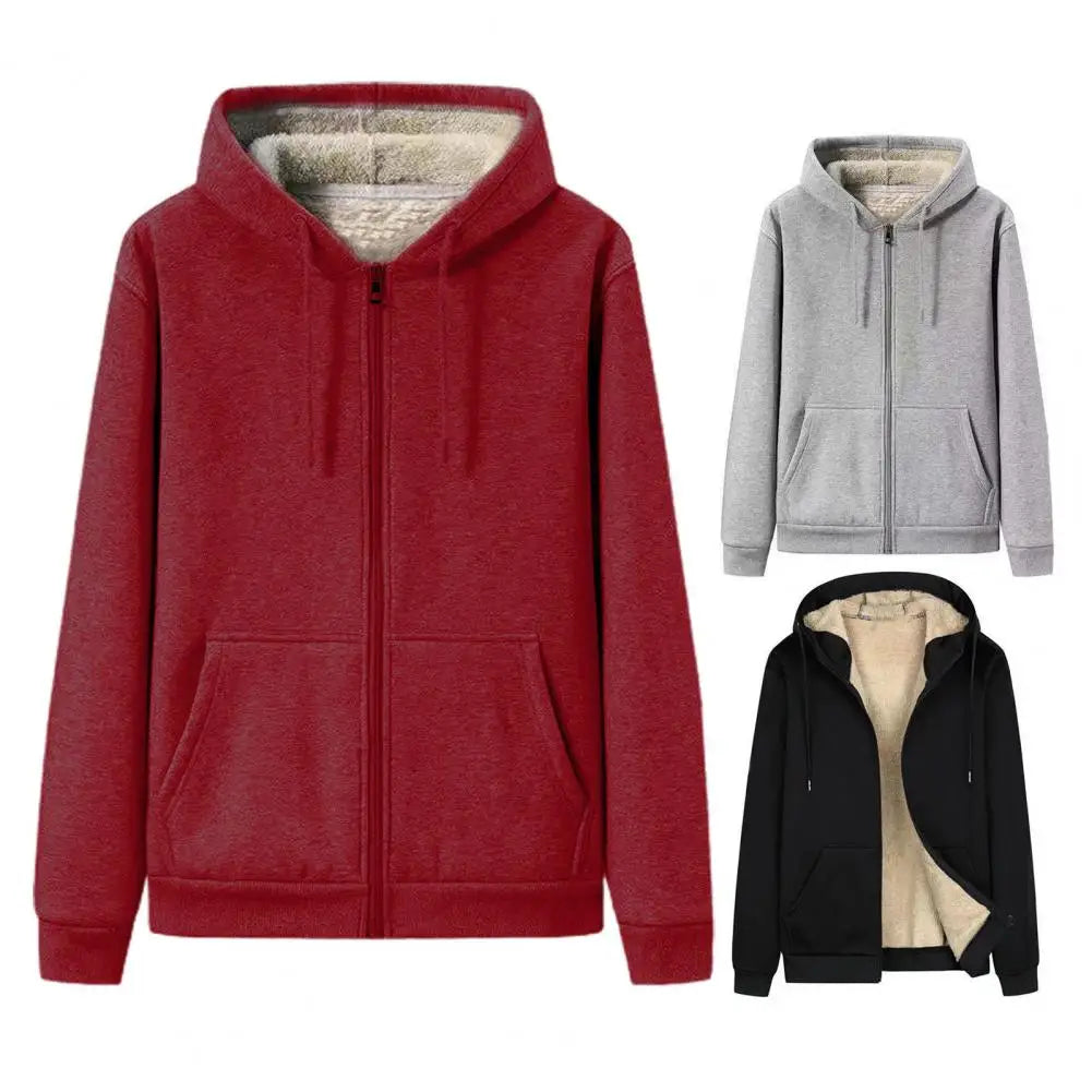 Winter Men Hoodie Coat Solid Color Hooded Thicken Plush Jacket Comfortable Drawstring Warm Outerwear Men Clothes For Daily Wear