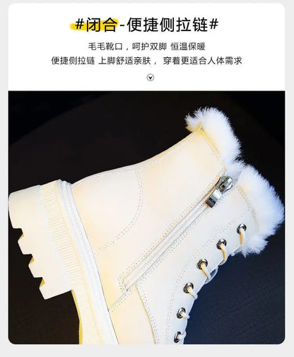 Snow Boots Plush Warm Medium Boots Women's Black and White Winter Thickened Warm Snow Flat Shoes Zapatos Mujer 2024