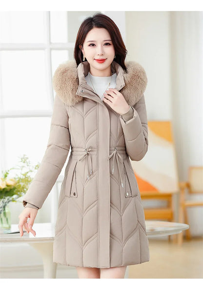 Women Down Cotton Jacket 2025 Mid Long Warm Ladies Outerwear Slim High-End Loose Women.