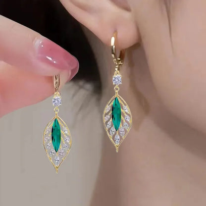 Green Crystal Golden Leaves Earrings for Women Individuality Day Accessories Valentines Jewelry Gifts