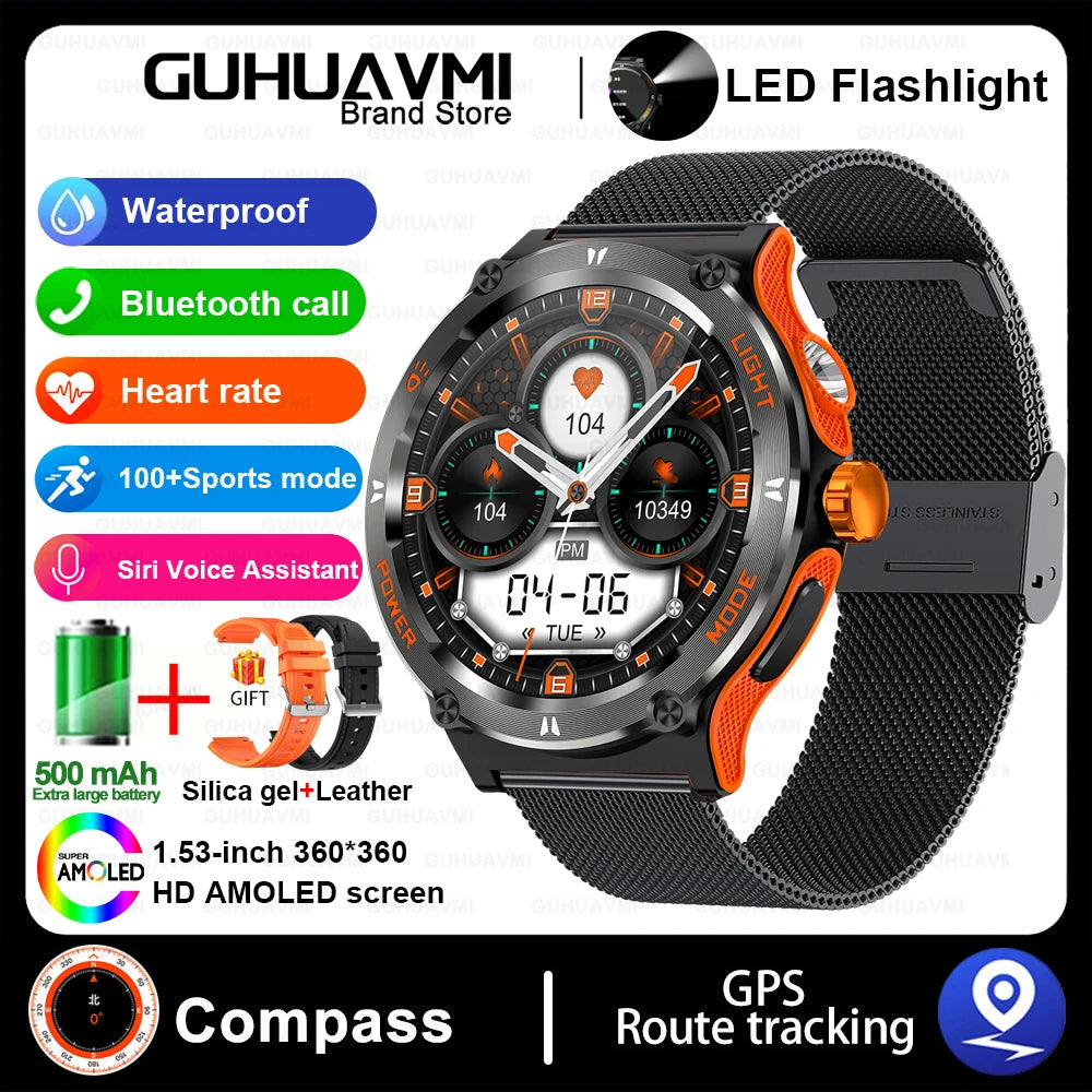 Smart Watch 3ATM Waterproof 1.53" KT76 Men Sport Compass LED Flashlight Heart Rate Health Sleep Analysis Bluetooth Call Watch