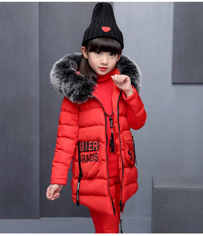 Girl Clothing Sets For Russia Winter Hooded Vest Jacket + Warm Top Cotton Pants 3 Pieces Clothes Coat With Fur Hood