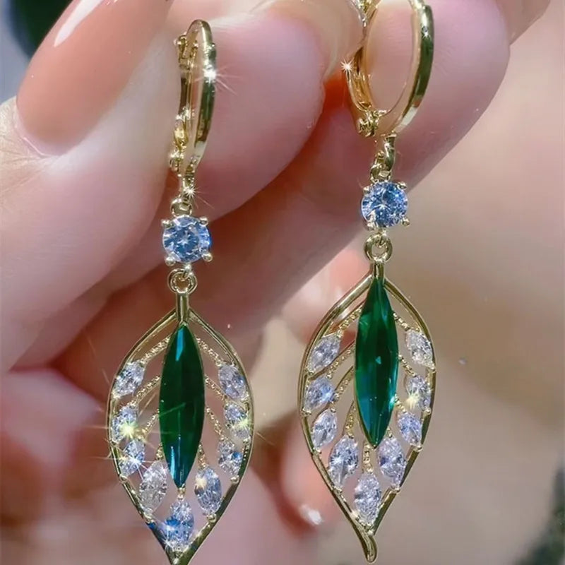 Green Crystal Golden Leaves Earrings for Women Individuality Day Accessories Valentines Jewelry Gifts