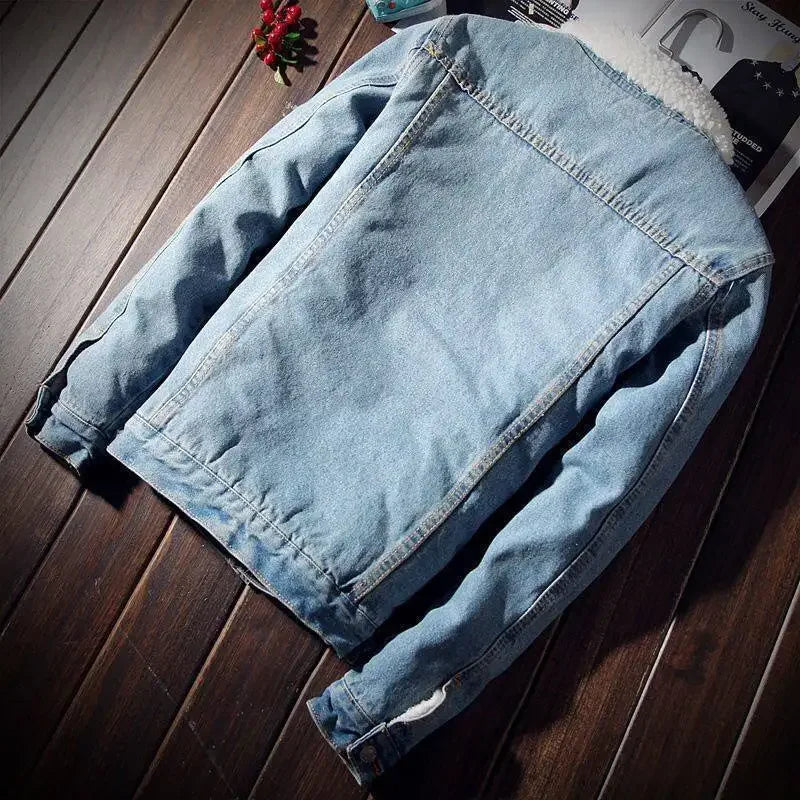 Plus Size Winter Fleece-Lined Denim Jacket Men's Slimming Cotton Coat Top Thickened Sheep Fleece Lining Casual Scene Youth Outwe