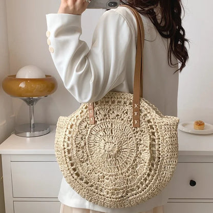 Fashion Large Capacity Fringe Pendant Handmade Straw Handbag Women Holiday Beach Casual Tote Top-Handle Bags Retro Shoulder Bags