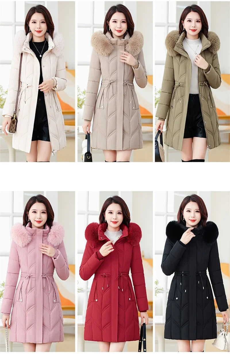 Women Down Cotton Jacket 2025 Mid Long Warm Ladies Outerwear Slim High-End Loose Women.