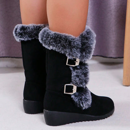 Women's Wedge Heeled Snow Boots Fashion Buckle Design Faux Fur Mid Calf Boots Woman Comfortable Thicken Warm Plush Winter Boots