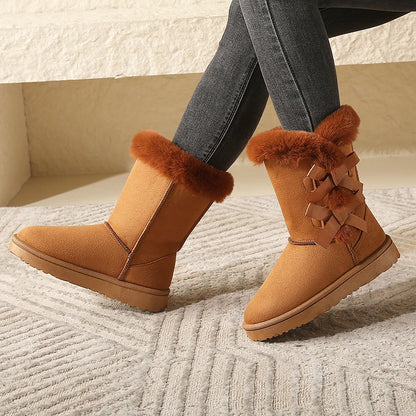 Women Flock Fluffy Suede Snow Boots Cute Butterfly Round Toe Warm Boots Autumn Winter Thick Sole Platform Cotton Shoes