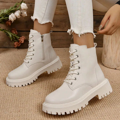 Pu Leather Warm Motorcycle Boots Women Lace-Up Plush Winter Ankle Boots Woman Balck Beige Flat Heel Non-Slip Cotton Botas Mujer