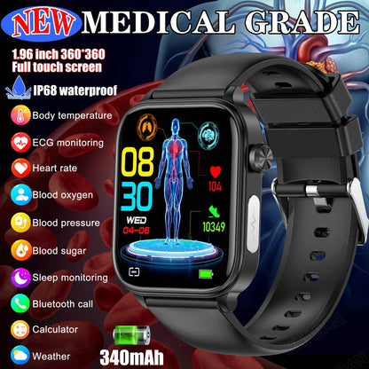 2024 New Medical Grade Smart Watch Women Blood Lipid Uric Acid Monitor Bluetooth Call SOS Watches Sport Health Smartwatch Men