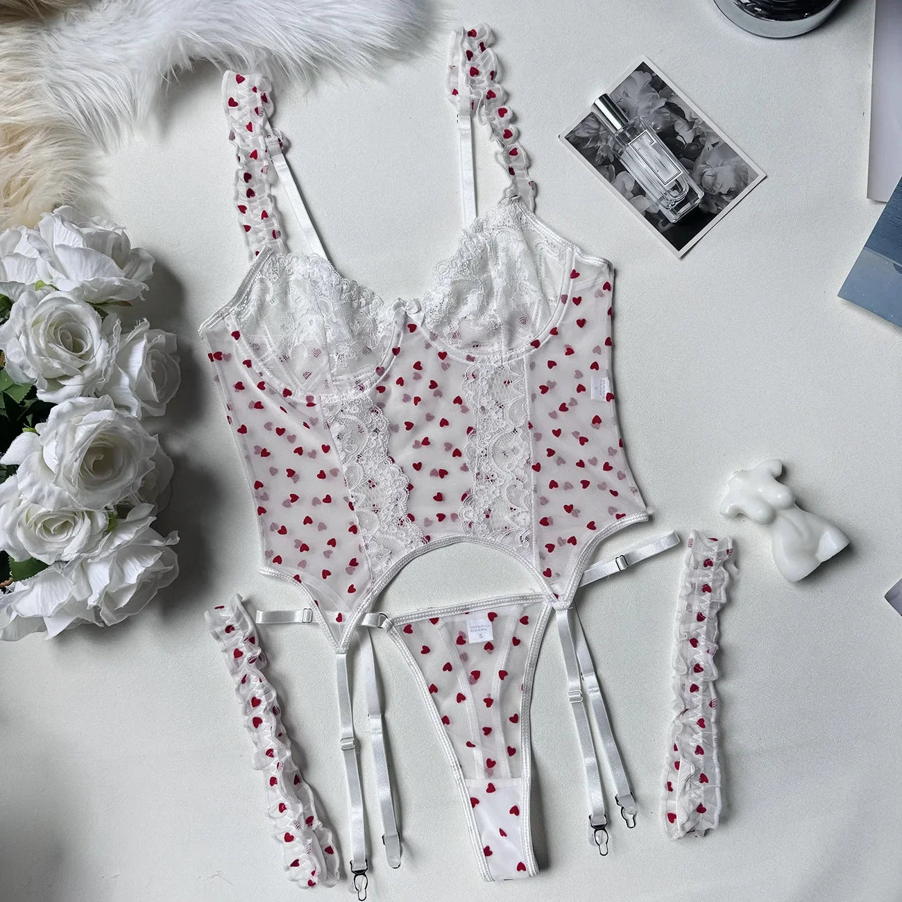 Best Girlfriend gift for birthday, romantic heart-shaped lace ruffle lingerie set.