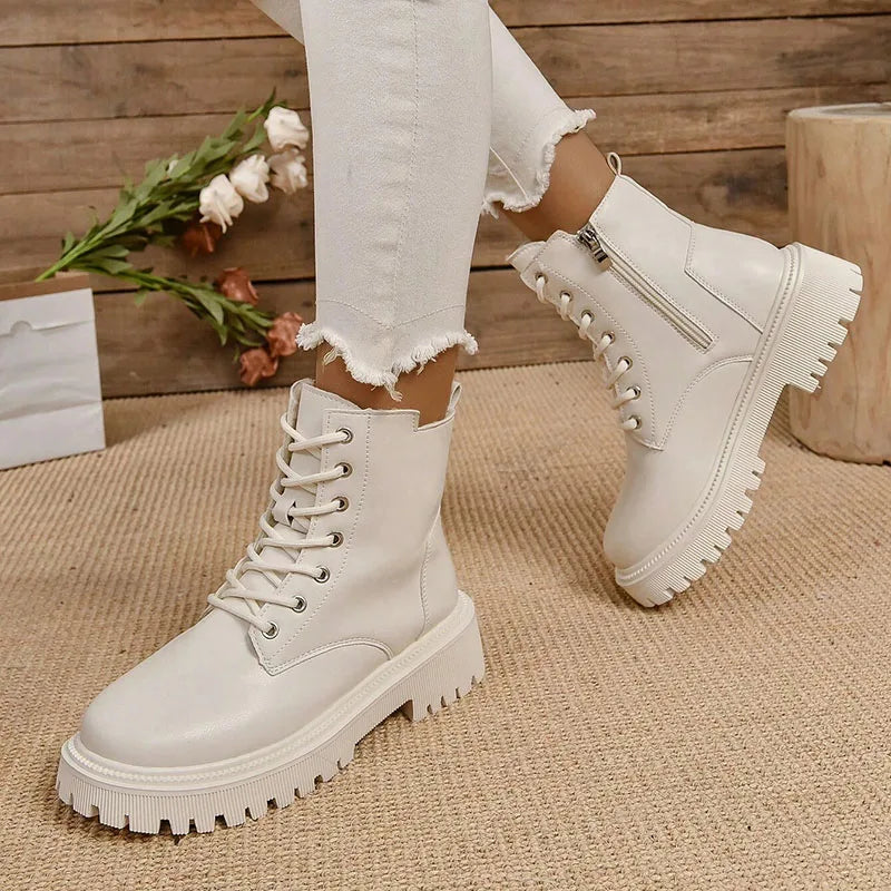 Pu Leather Warm Motorcycle Boots Women Lace-Up Plush Winter Ankle Boots Woman Balck Beige Flat Heel Non-Slip Cotton Botas Mujer