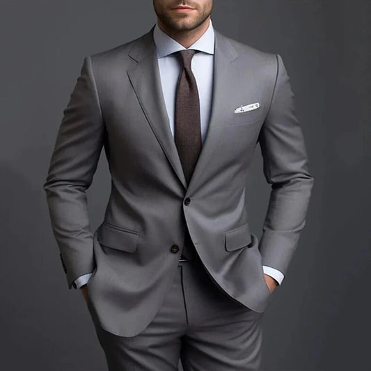 Grey Men Suits Formal Business Notched Lapel Groom Wedding Suits For Men 2 Pieces Slim Fit Tuxedos Blazer Pants Trajes De Hombre