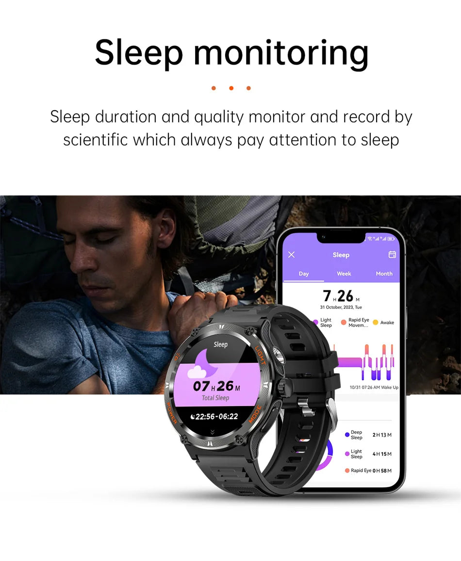 Smart Watch 3ATM Waterproof 1.53" KT76 Men Sport Compass LED Flashlight Heart Rate Health Sleep Analysis Bluetooth Call Watch