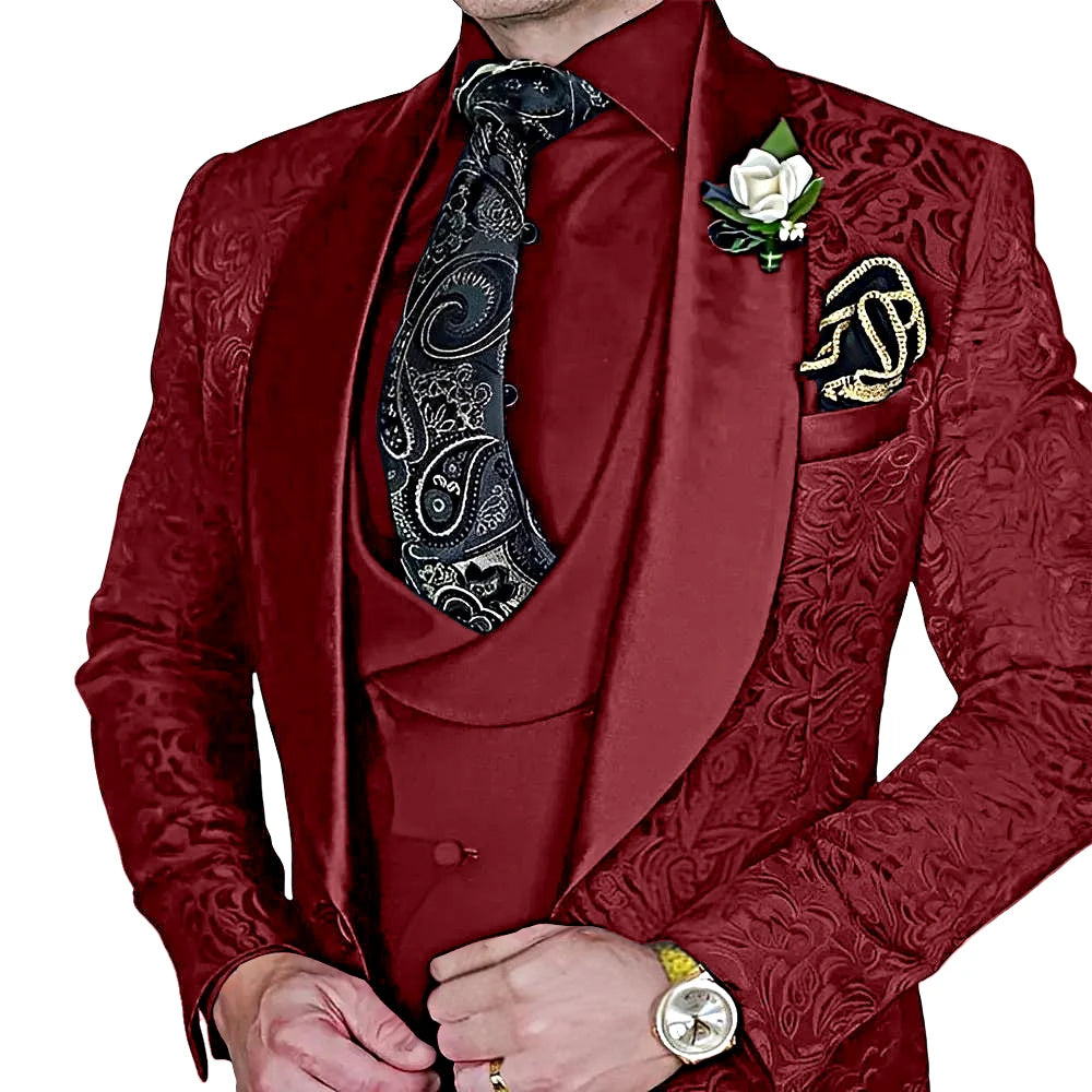 Jacquard Men's 3-piece Suit Set Formal Party Dress Groom's Tuxedo High Quality Elegant Men's Customized Outfit