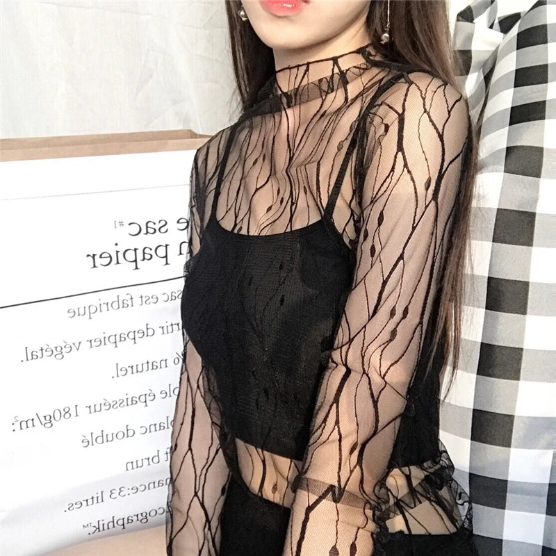 Black Mesh See Through Top For Women Sexy Transparent Top Summer Sun-proof