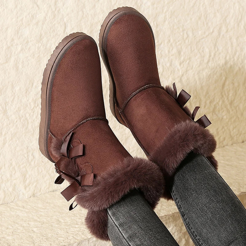 Women Flock Fluffy Suede Snow Boots Cute Butterfly Round Toe Warm Boots Autumn Winter Thick Sole Platform Cotton Shoes