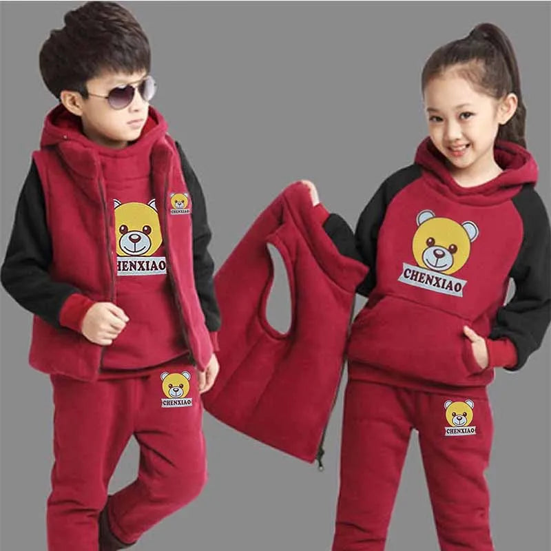 2025 Boys Padded Warm Set Children's Hooded Cartoon Solid Colour 3 Pcs Autumn Winter New Girls Sweatshirt Cute Casual Suit 4-12Y