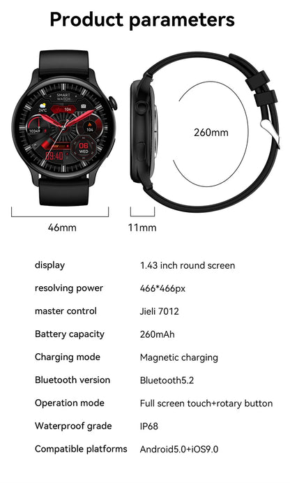 For Xiaomi New Smartwatch 1.43 Inch Full Screen Bluetooth Call Heart Rate Sleep Monitor Sports Models Smart Watch For Men Women