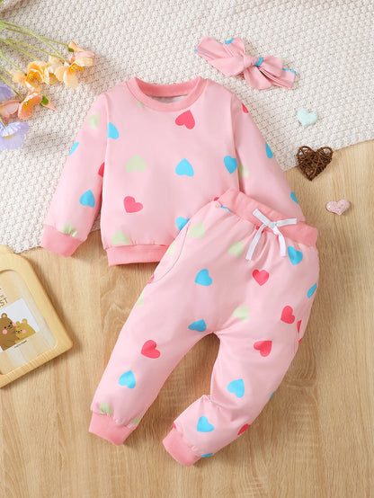 1-5 Years Toddler Girls 3PCS Clothing Set Heart/Flower Print Long Sleeved Hoodies+Pants+Headband Kids Autumn&Winter Casual Wear