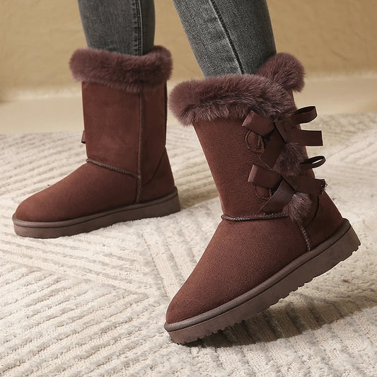 Women Flock Fluffy Suede Snow Boots Cute Butterfly Round Toe Warm Boots Autumn Winter Thick Sole Platform Cotton Shoes