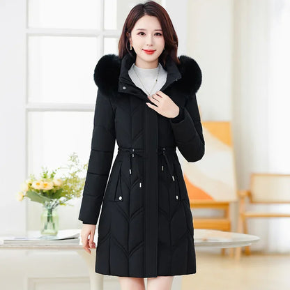 Women Down Cotton Jacket 2025 Mid Long Warm Ladies Outerwear Slim High-End Loose Women.