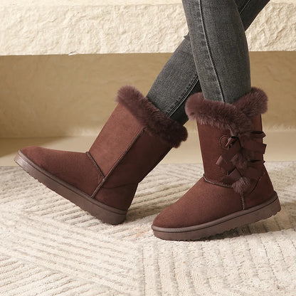 Women Flock Fluffy Suede Snow Boots Cute Butterfly Round Toe Warm Boots Autumn Winter Thick Sole Platform Cotton Shoes